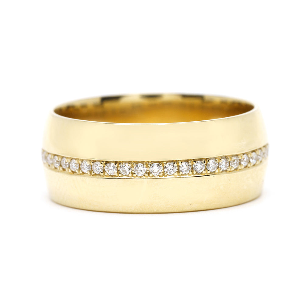 Walk the Line by EGB-R9 understated 14K yellow gold band with shiny row of small diamonds.