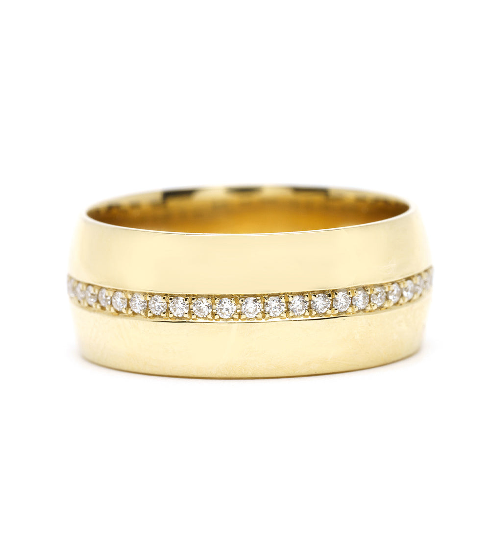 Walk the Line by EGB-R9 understated 14K yellow gold band with shiny row of small diamonds.