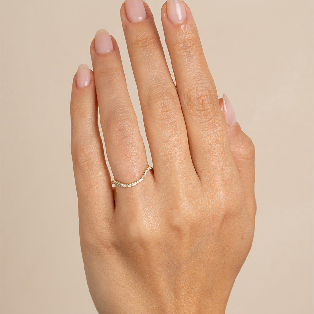Beau Band by A-R41-Demi ring band in shiny 14K white gold with curved row of small stones