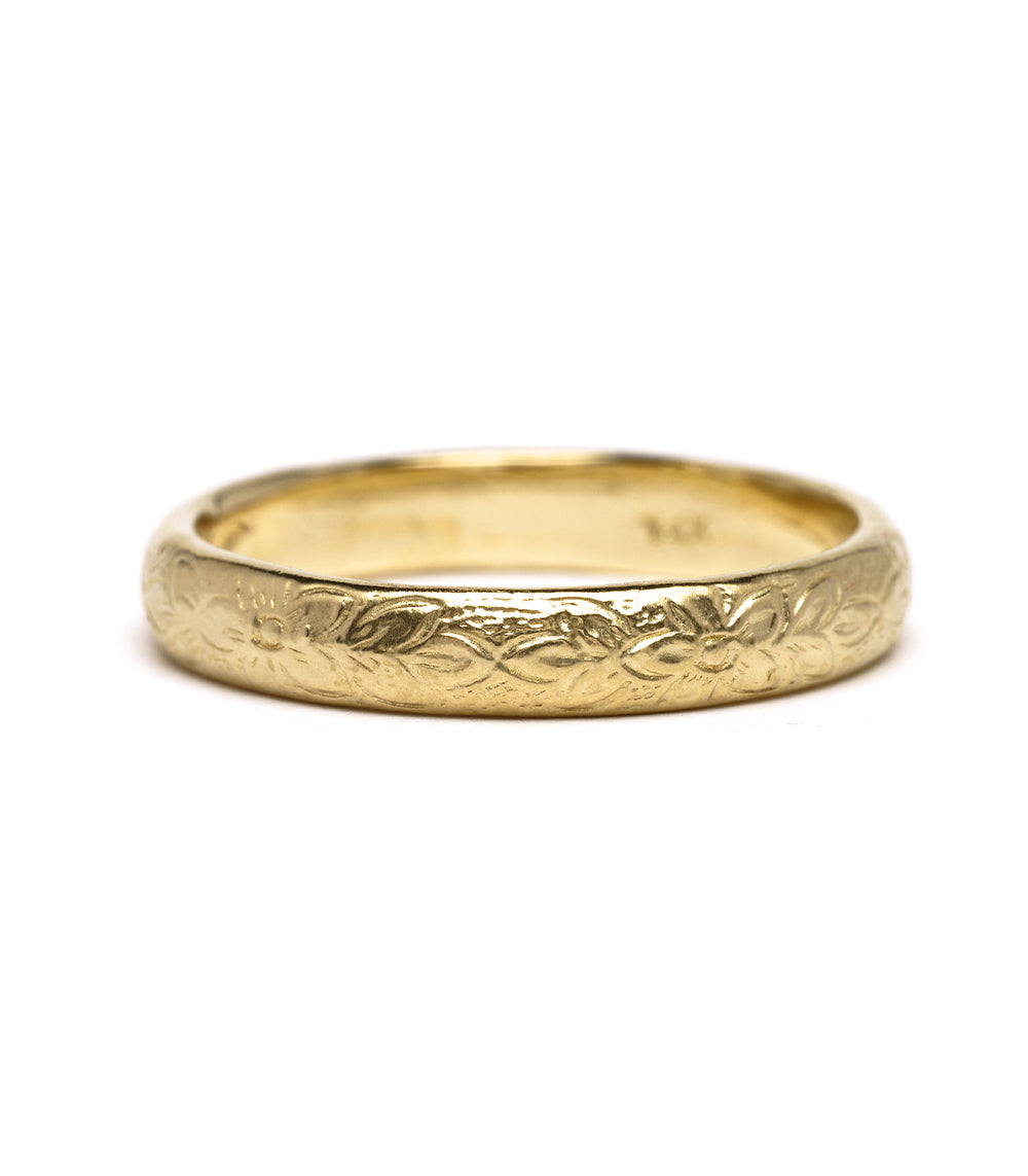 Engraved Flowers and Leaves SK-R4 ring band in 14K yellow gold with matte engraved flowers and leaves