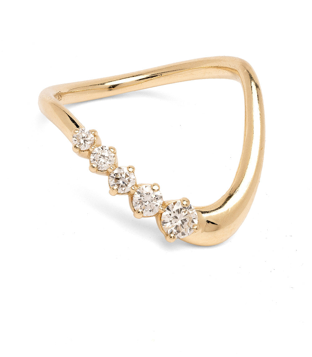Large Melt Band EGB-R2-5D 14K yellow gold band with shiny melt setting and round diamonds, asymmetrical look