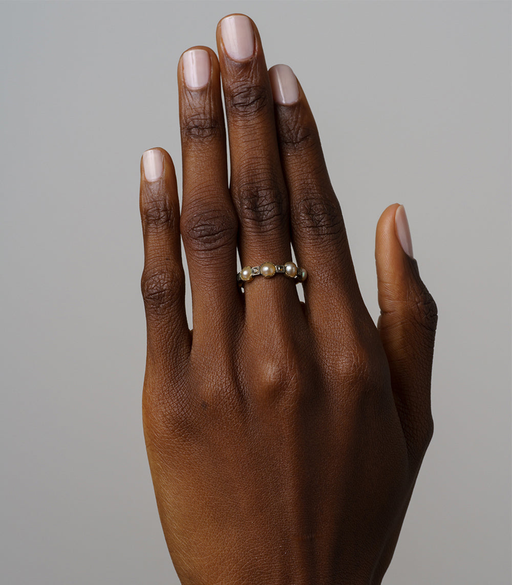 Pearl and Diamond Victorian Stacking Band II by VC-R166 with small pearls and diamond accents on finger