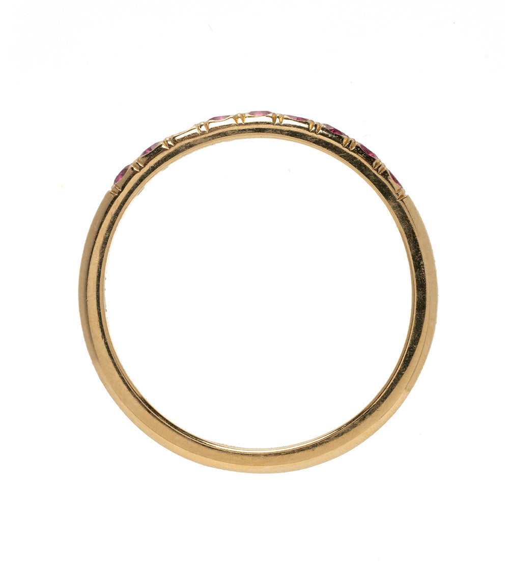 Vintage Inspired Stacking Band LF-R1-FS shiny 14K yellow gold band with small pink stones