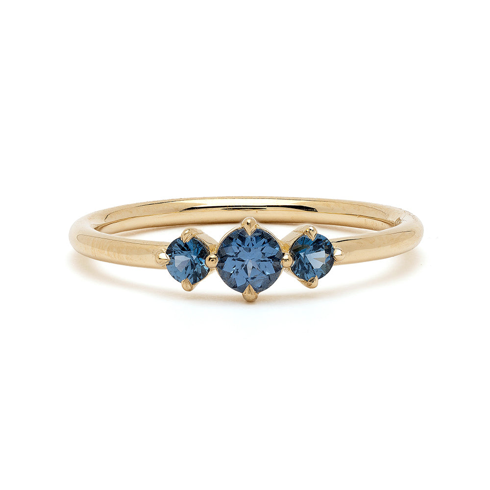 Claudette Gemstone Stacking Band SK-R68B-3-RB-CS-0.33 gold ring with three blue heart-cut gemstones