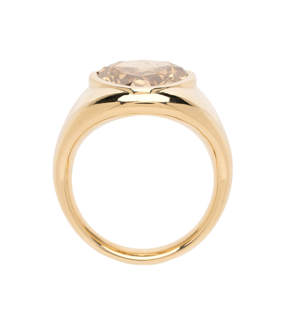 Gold ring with a central gemstone on a white background