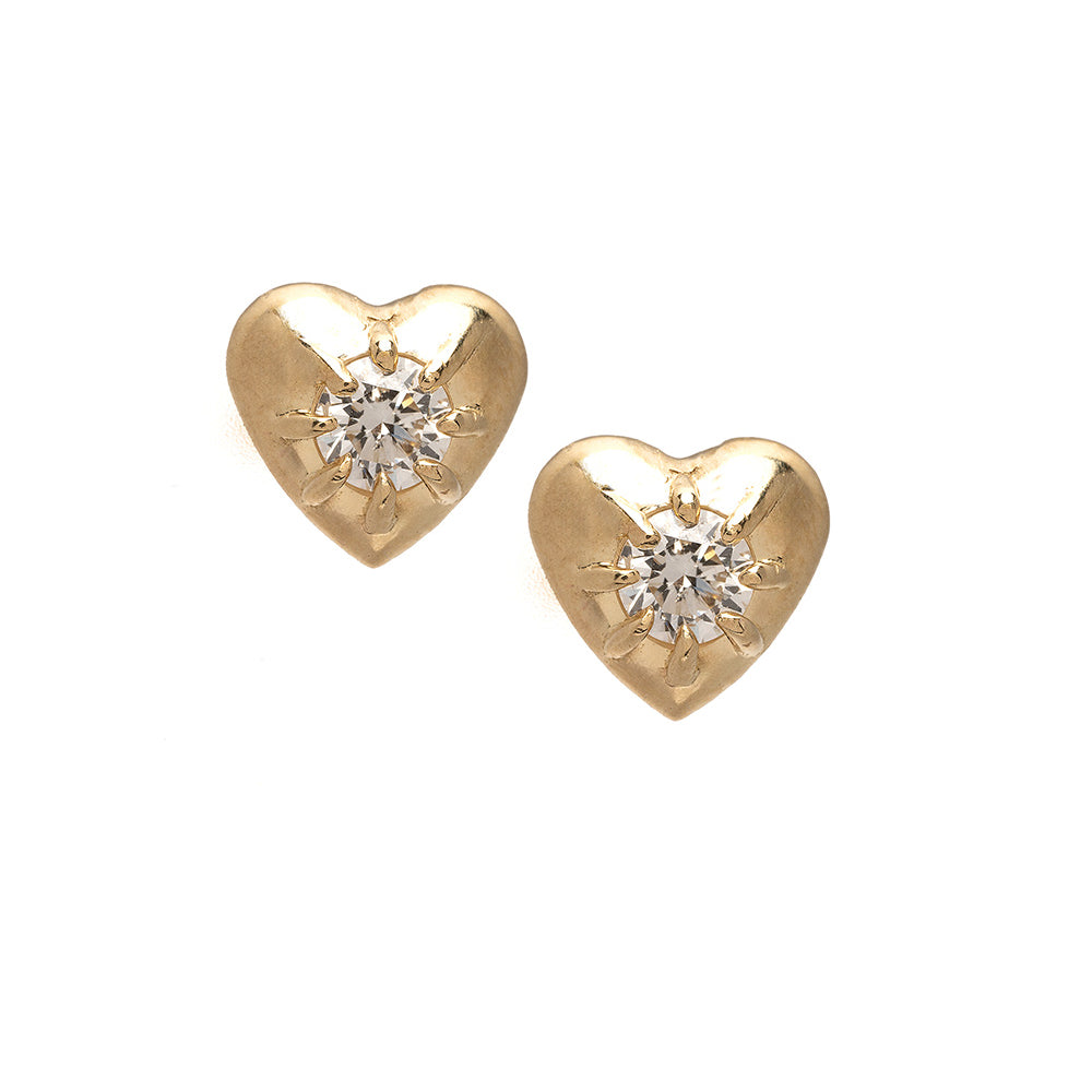 Cora Mini Studs by SK-E6-D heart stud earrings in 14K yellow gold with shiny bezel-set stones