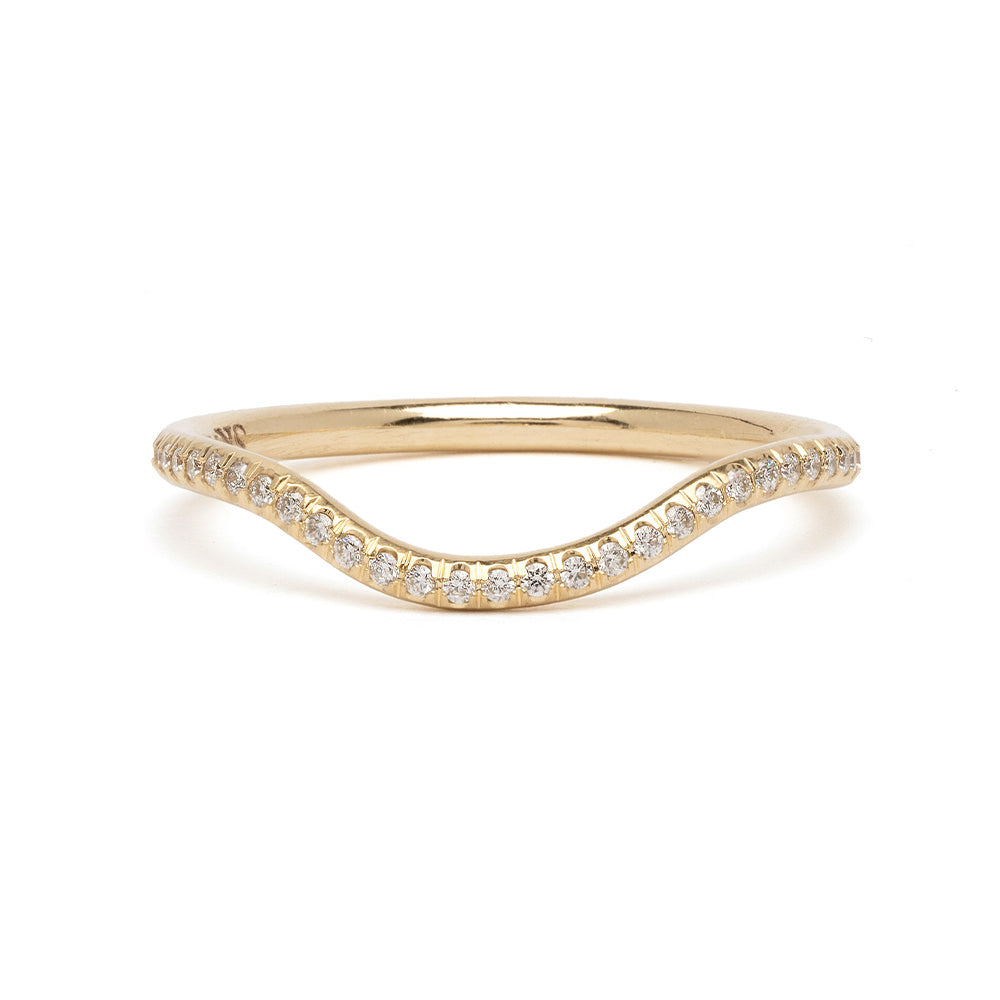 Mini Beau Band A-R31-Demi ring band in 14K yellow gold with diamond pave, asymmetrical wave shape