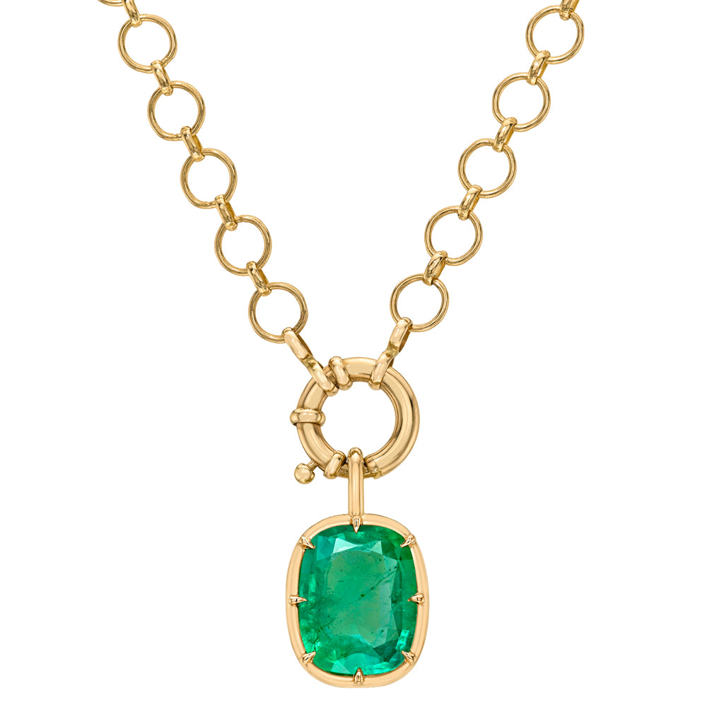 Bright Green Emerald Necklace Pendant With Antique Setting With Prongs On Round 14k Loop Chain Sk P115 Em Cl Ns Omc Cu 3.28 B