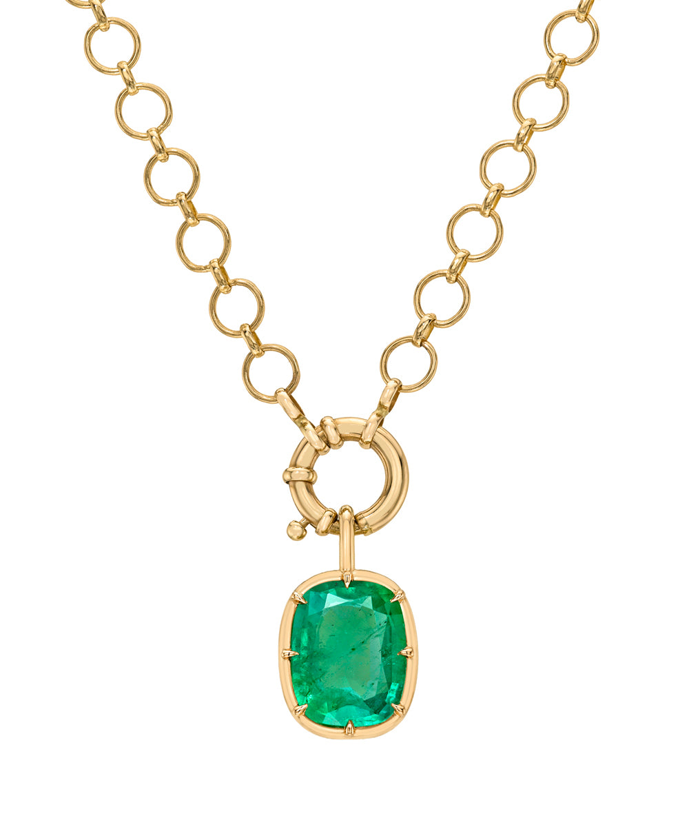 Bright Green Emerald Necklace Pendant With Antique Setting With Prongs On Round 14k Loop Chain Sk P115 Em Cl Ns Omc Cu 3.28 B