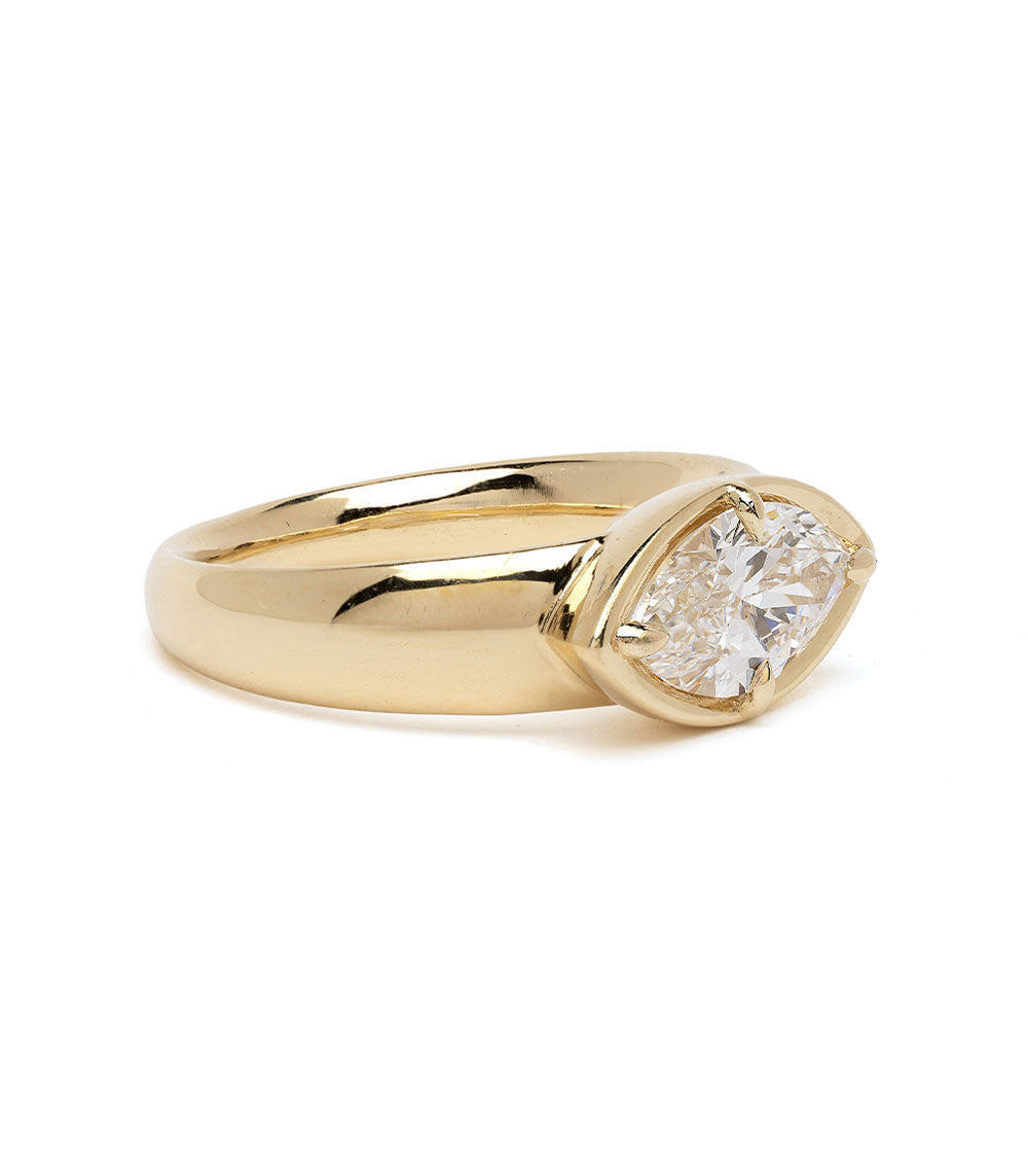 Chloe Pinky Duo by SK-R45-DUO oval gold ring with bezel-set oval diamond center on bright background