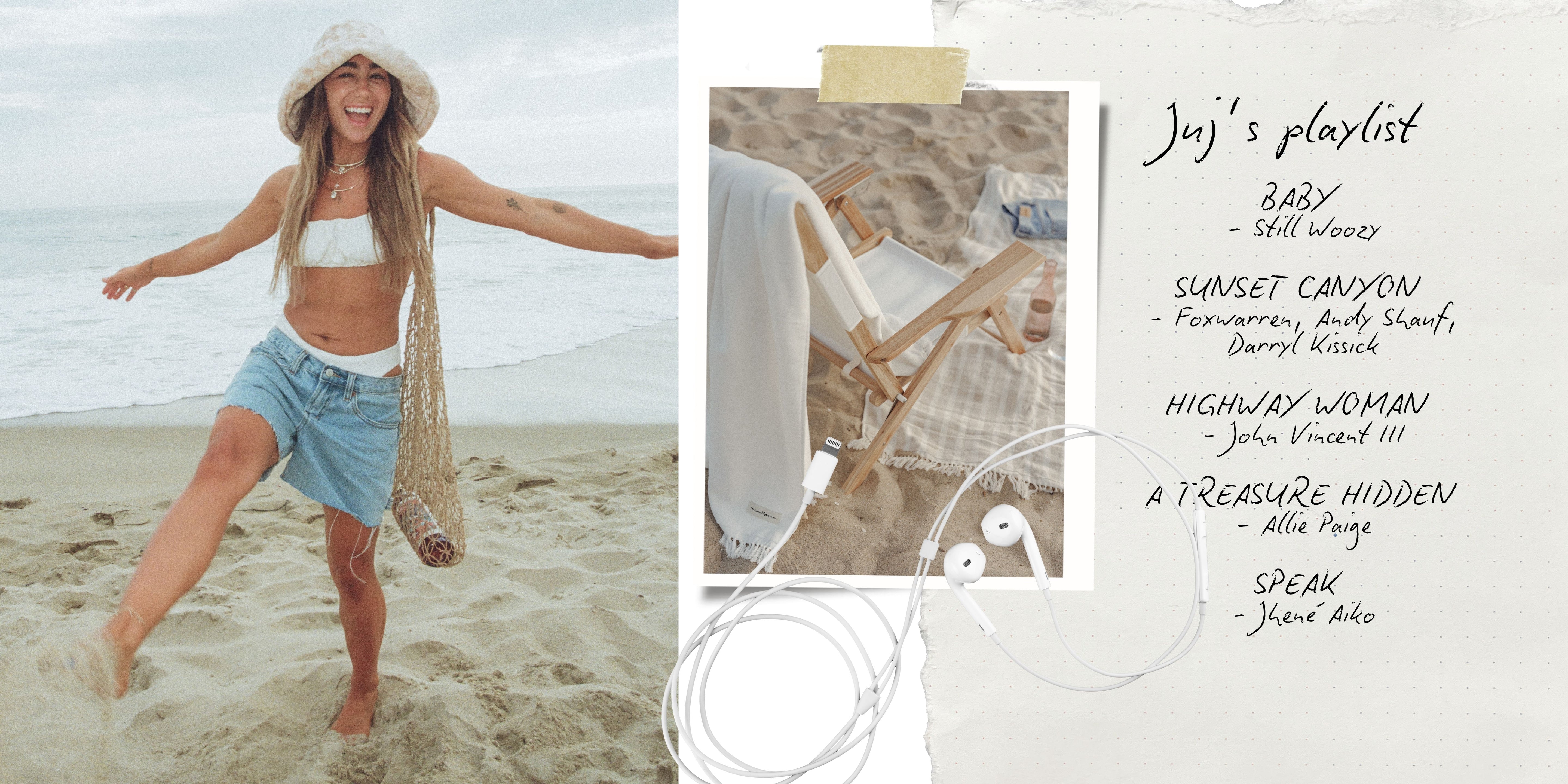 A collage-style music playlist cover featuring a woman smiling on a sandy beach, a small beach chair photo, white earphones, and handwritten text listing songs such as 'Baby,' 'Sunset Canyon,' 'Highway Woman,' and 'Speak.'.