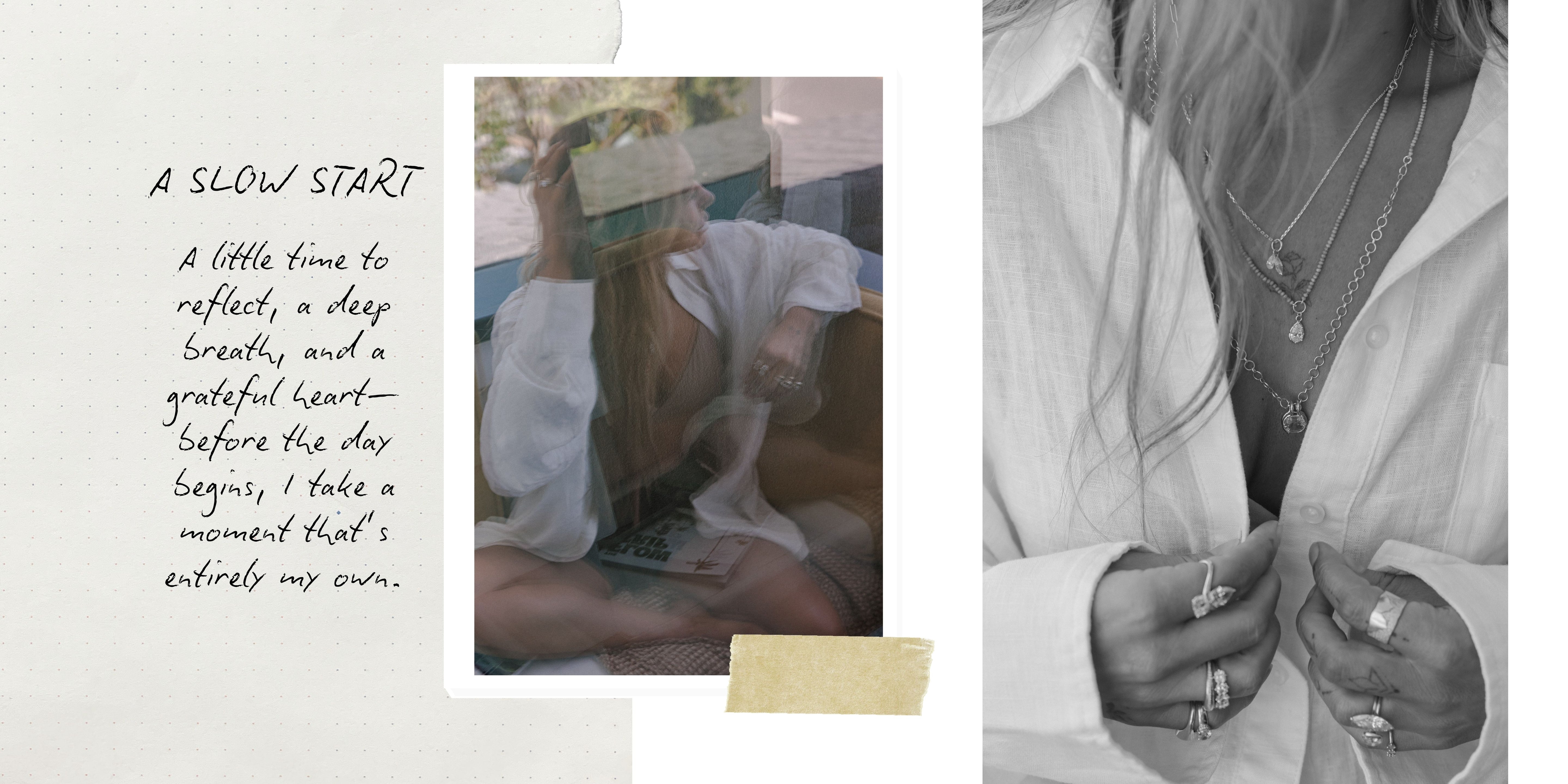 A styled collage featuring a black-and-white photo of a woman adjusting rings on her fingers, a smaller color photo of a woman reading, handwritten text on a textured paper background, and a beige sticky note.