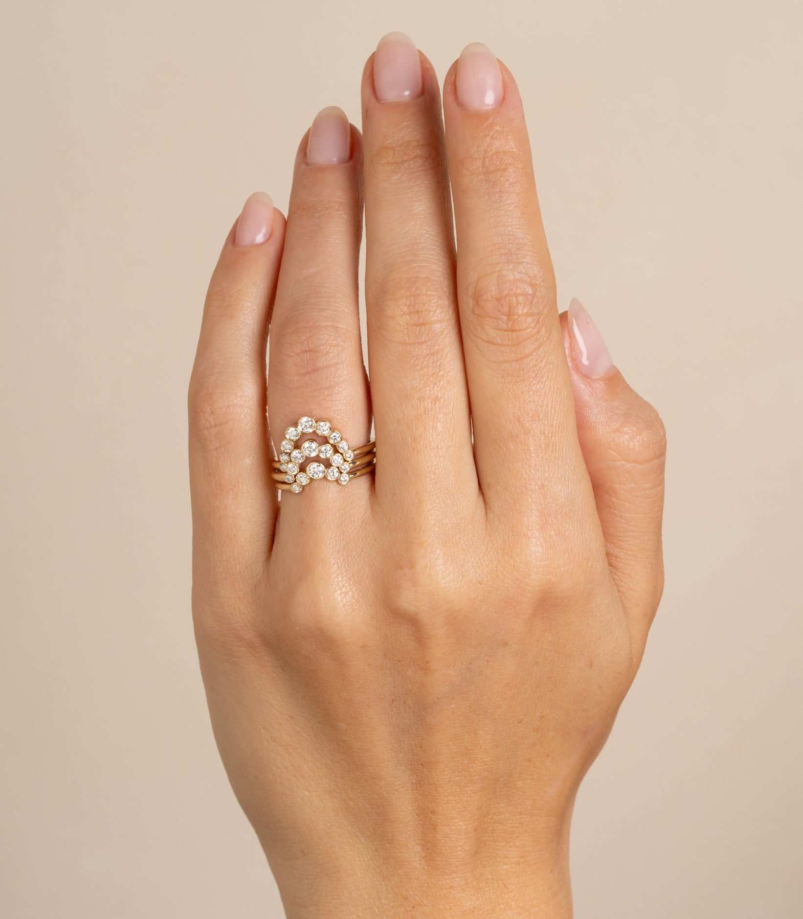 Bezels Sunrise Nesting Band by AL-R17 stacking ring in 14K yellow gold, circular bezel-set diamonds