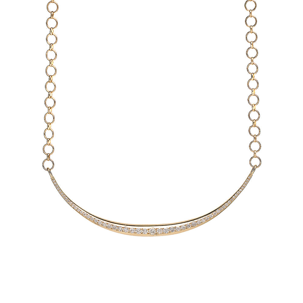 The Luna SK-N4 gold necklace with fine pavé stones in a curved bar design against a white background