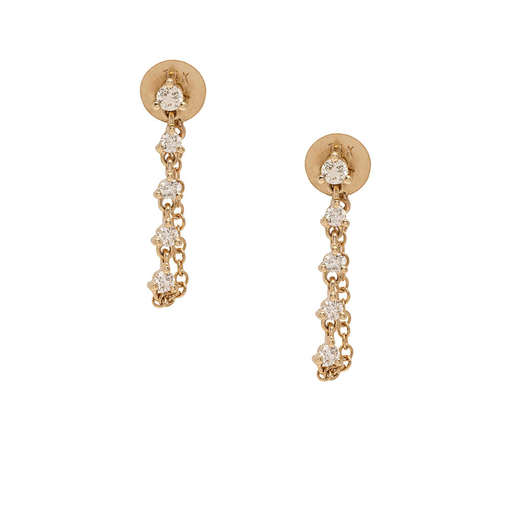 Dainty Diamond Earrings by Sofia Kaman in yellow gold with dangling round diamonds and linked chain movement