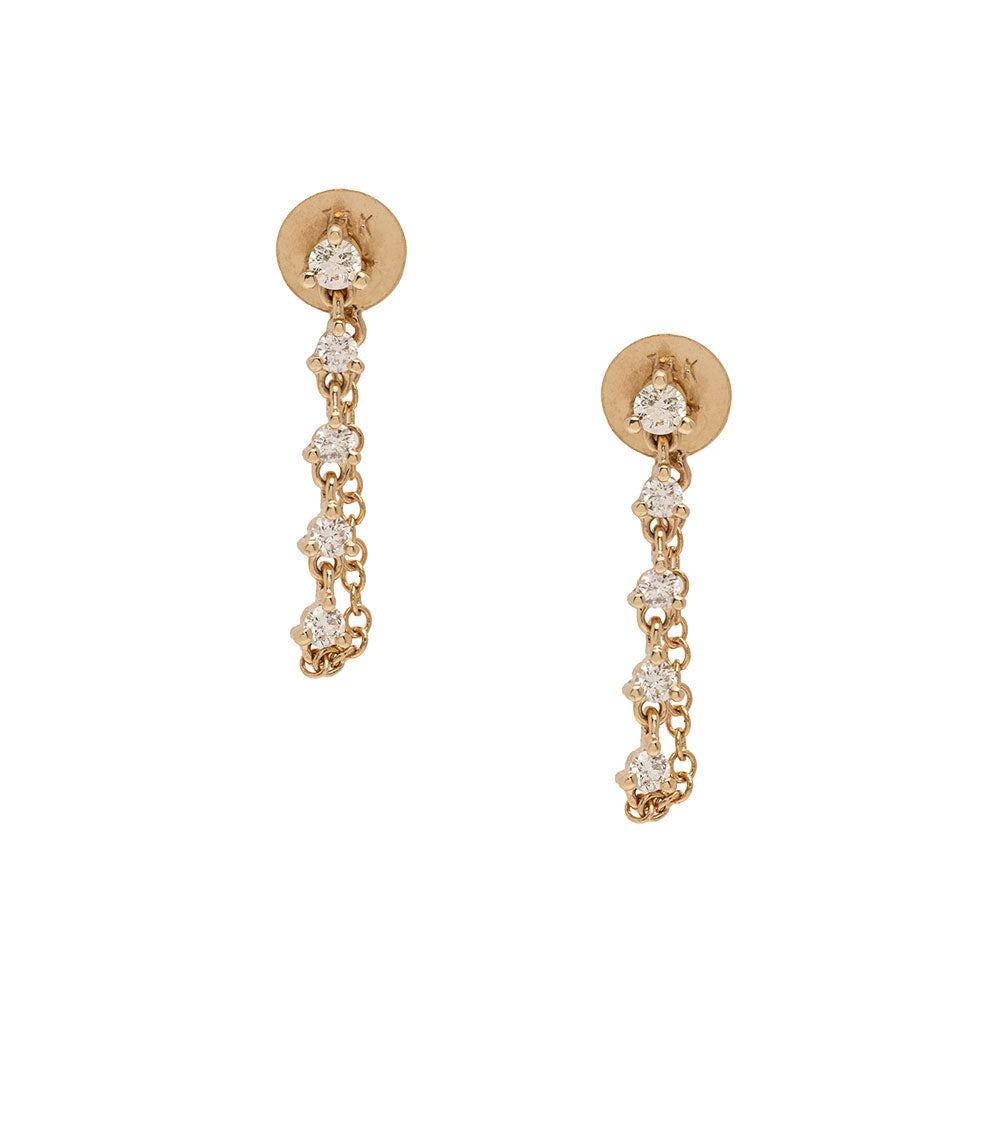 Dainty Diamond Earrings by Sofia Kaman in yellow gold with dangling round diamonds and linked chain movement