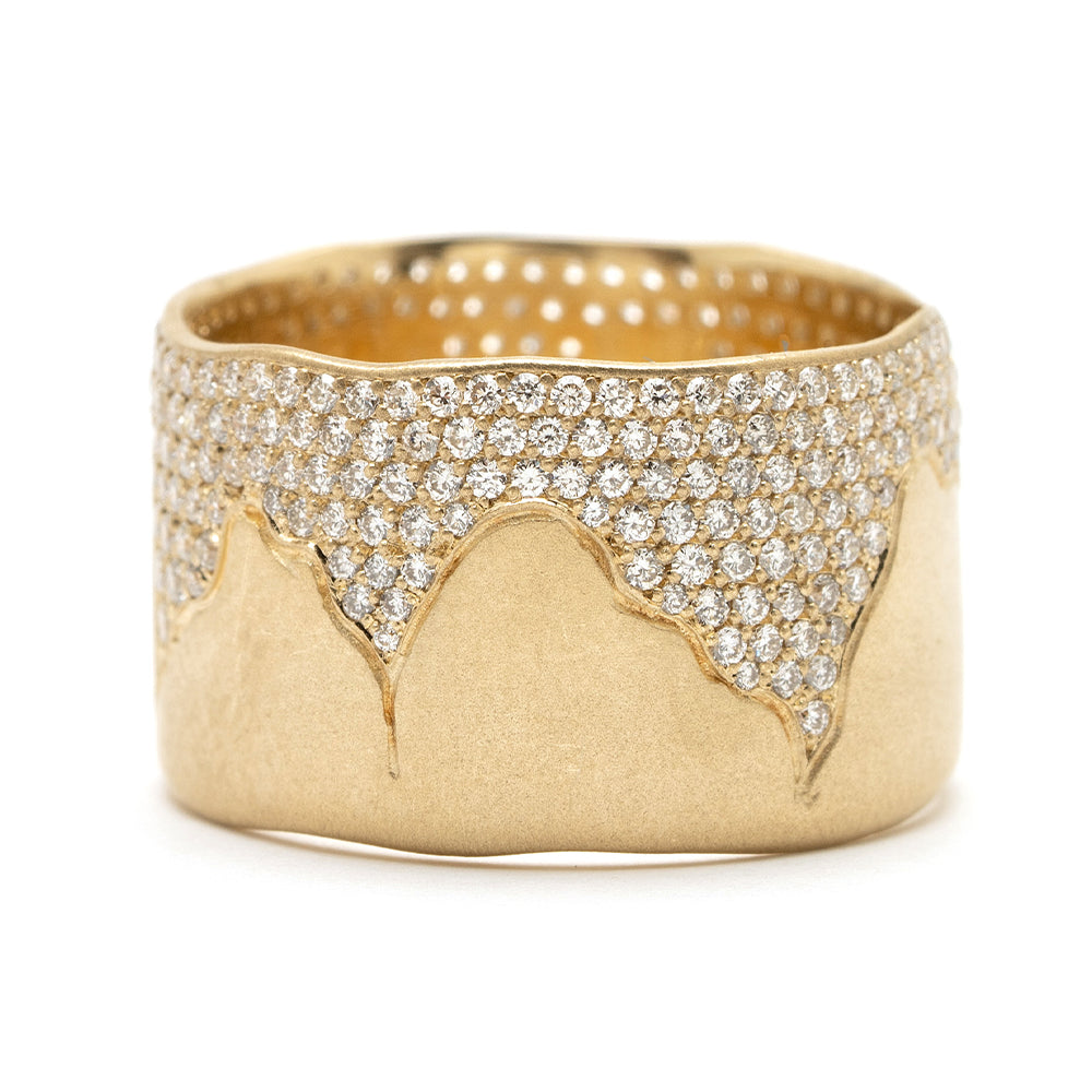 Cracked Band- 12mm P-R5-Cracked diamond band ring in 14K yellow gold with pavé sparkle and cracked motif