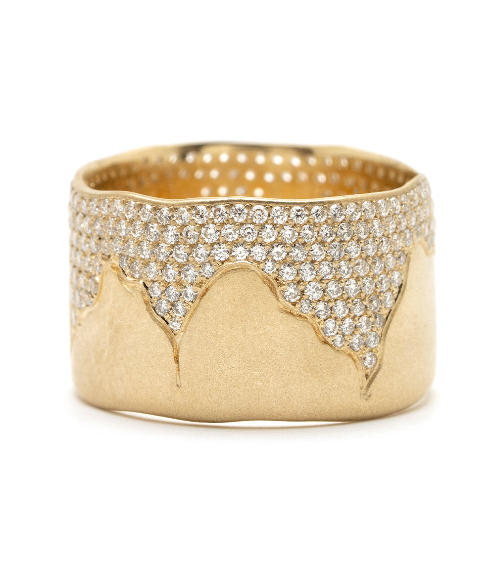 Cracked Band- 12mm P-R5-Cracked diamond band ring in 14K yellow gold with pavé sparkle and cracked motif