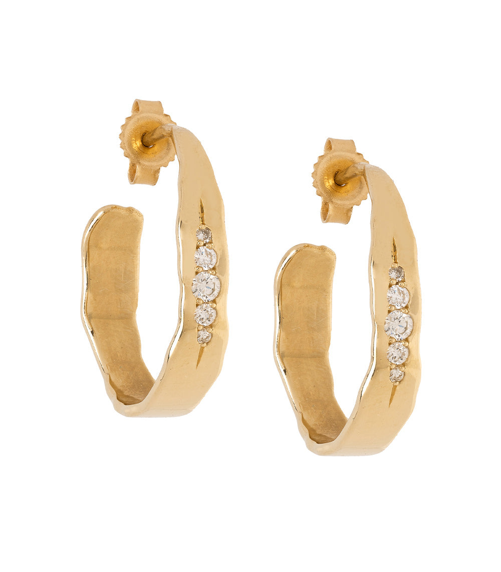 Small Torn Paper Hoops by P-EH3-Vert 14K yellow gold hoop earrings, shiny torn-paper texture with stones