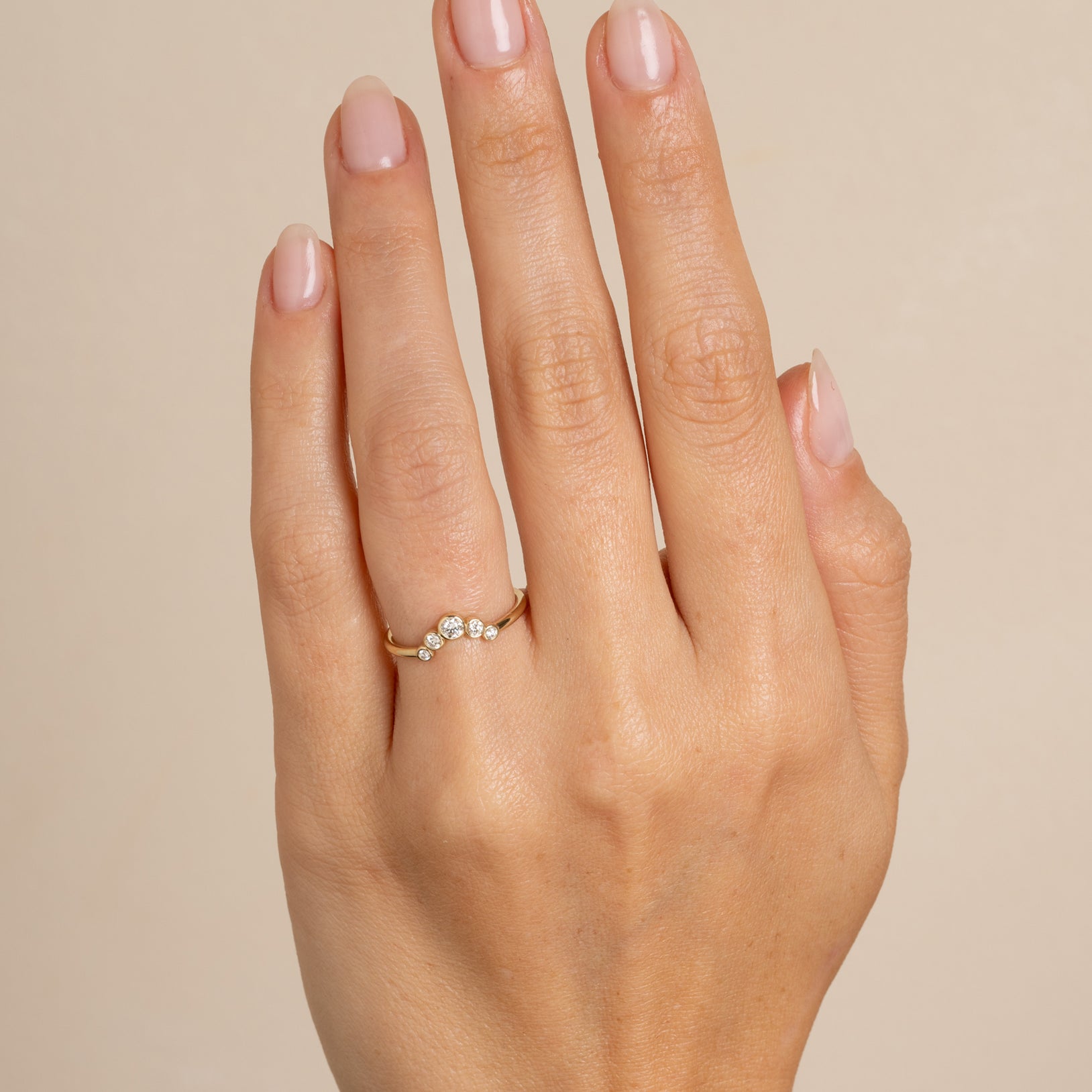 Bezels Sunrise Nesting Band AL-R12 gold ring with three round stones, matte and shiny 14K yellow gold