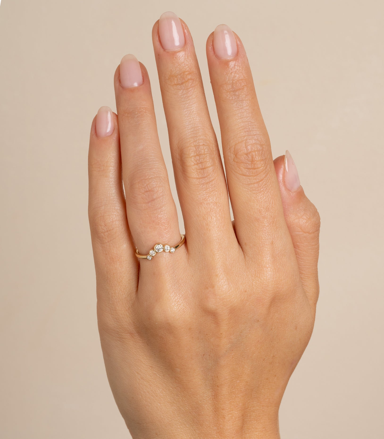 Bezels Sunrise Nesting Band AL-R12 gold ring with three round stones, matte and shiny 14K yellow gold