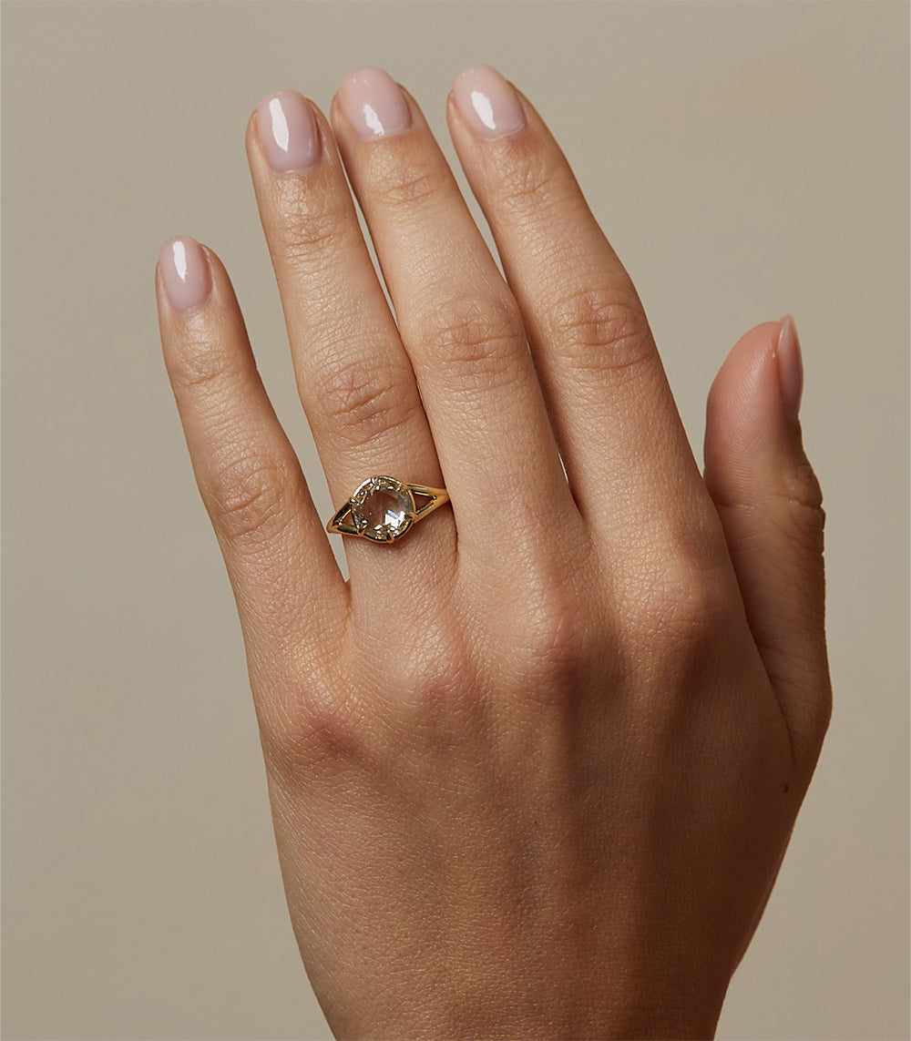 Marlow SK-R109-ND-RRC-CD-2.02 unique engagement ring in gold with marquise-cut center stone on hand