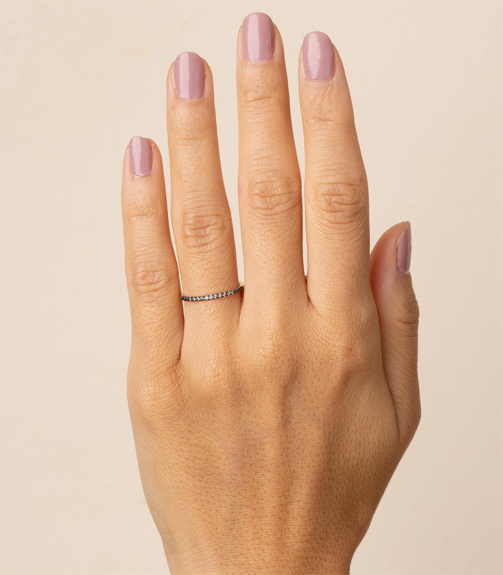 Classic Wire Band A-R29 14K white gold shiny slim band on finger, understated sparkle stones