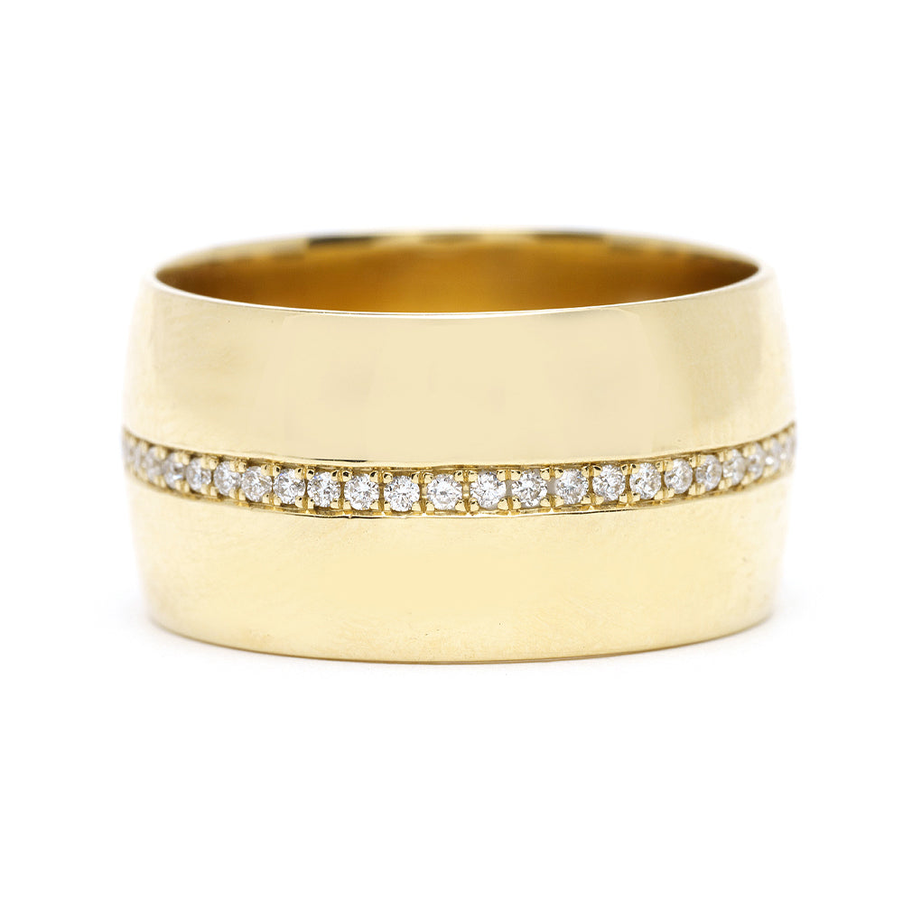 Walk the Line EGB-R10 understated yellow gold diamond band with a shiny row-set line of small stones