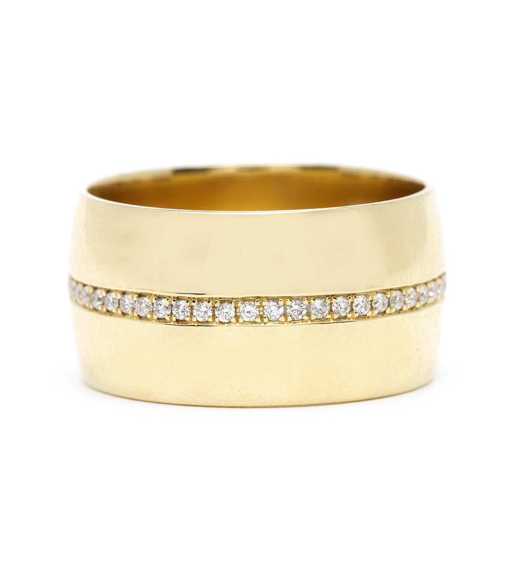 Walk the Line EGB-R10 understated yellow gold diamond band with a shiny row-set line of small stones