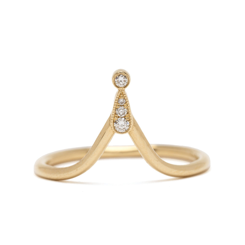 Alethea by AL-R1 unique engagement ring in 14K yellow gold, understated 3 stone engagement ring with three round diamonds