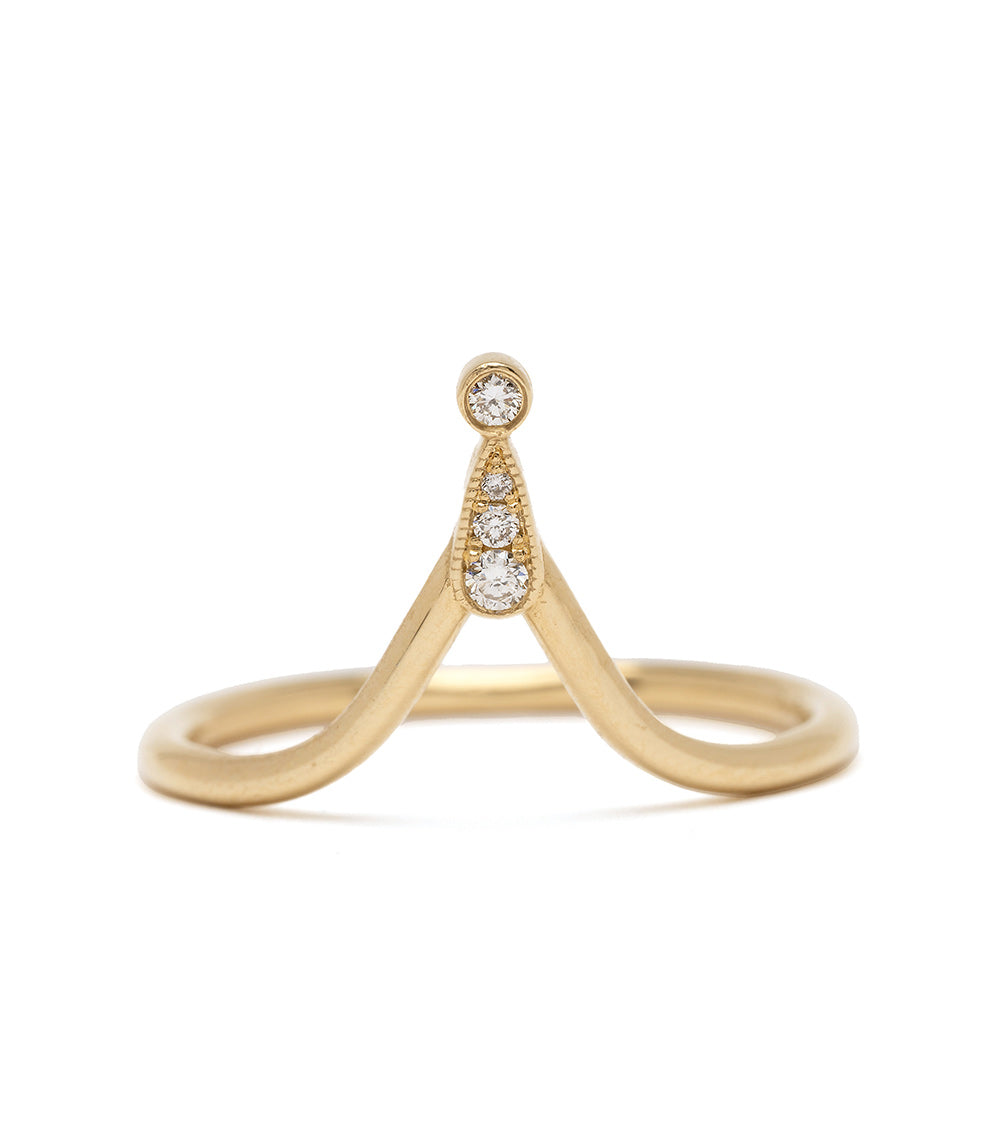 Alethea by AL-R1 unique engagement ring in 14K yellow gold, understated 3 stone engagement ring with three round diamonds