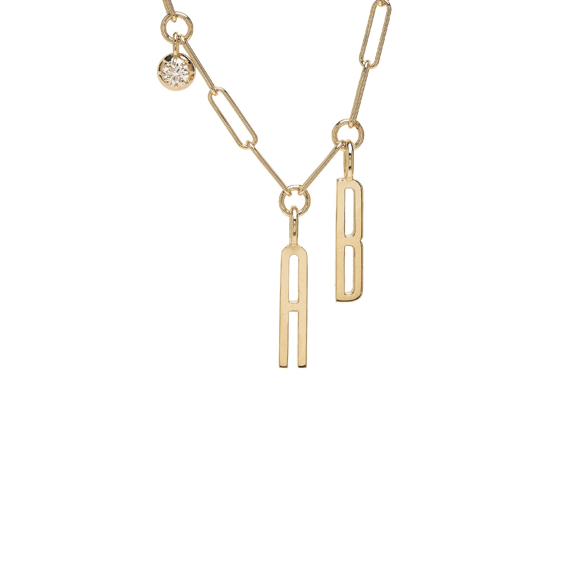 ID NECKLACE NO.7 by ID-N7 gold link necklace with rectangular letter charms and small round diamond pendant