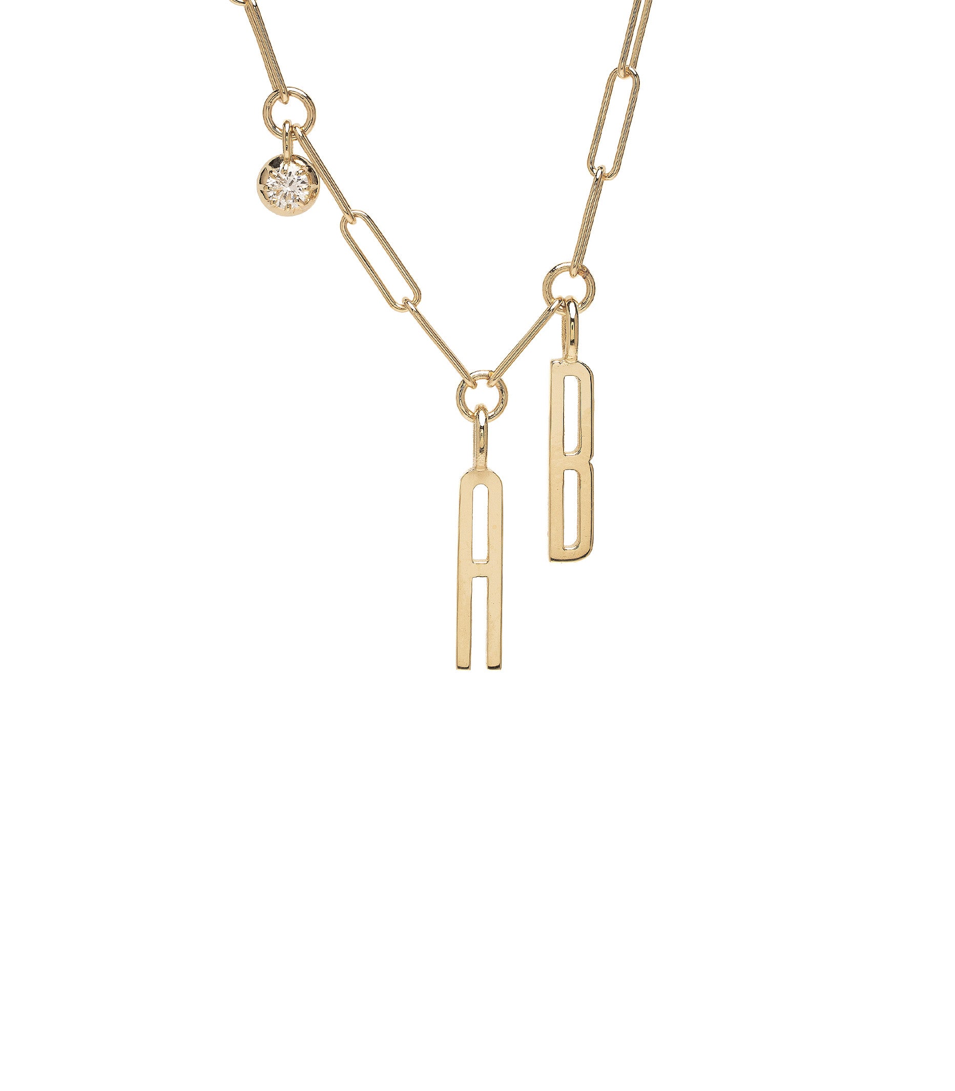 ID NECKLACE NO.7 by ID-N7 gold link necklace with rectangular letter charms and small round diamond pendant