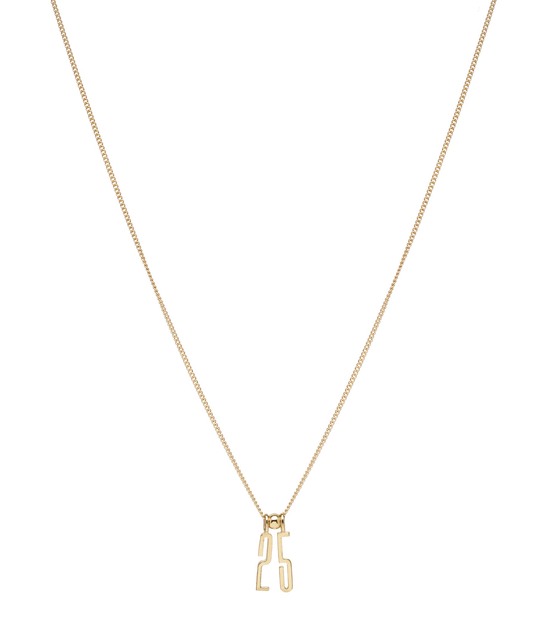 ID NECKLACE NO.6 by ID-N6 gold necklace chain with geometric pendant letters on a light background