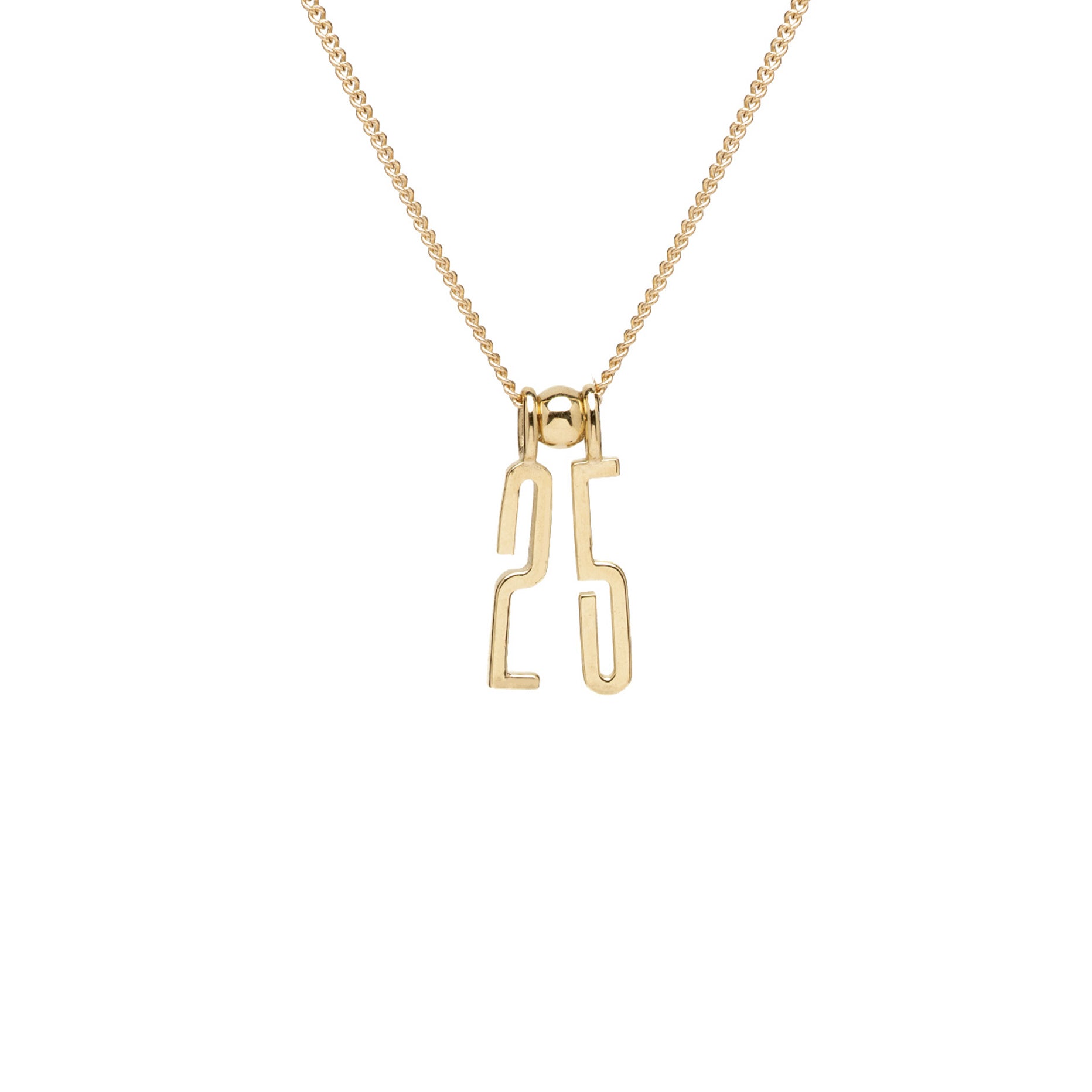 ID NECKLACE NO.6 by ID-N6 gold pendant necklace with chain and abstract person-shaped charm on plain background