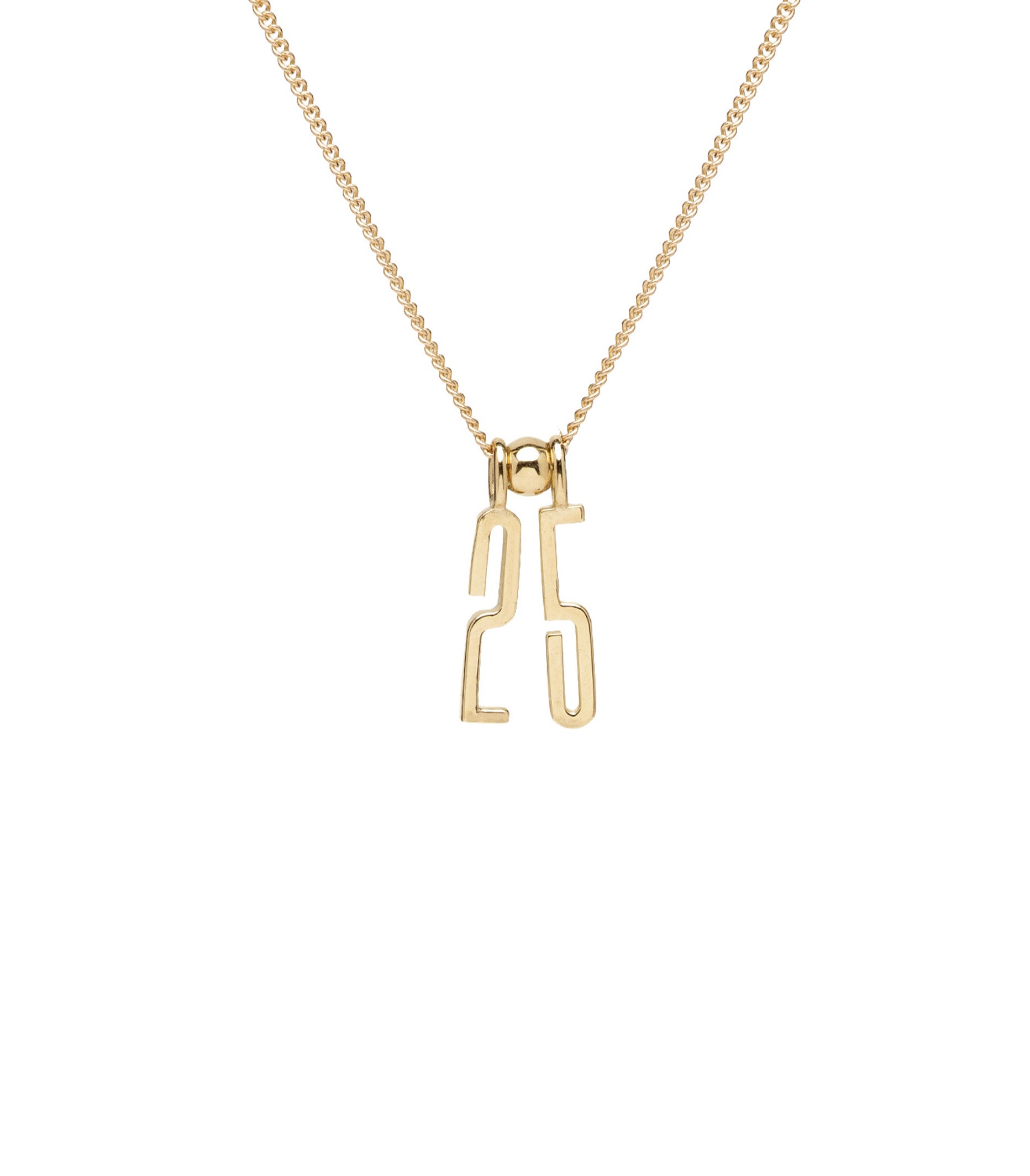 ID NECKLACE NO.6 by ID-N6 gold pendant necklace with chain and abstract person-shaped charm on plain background