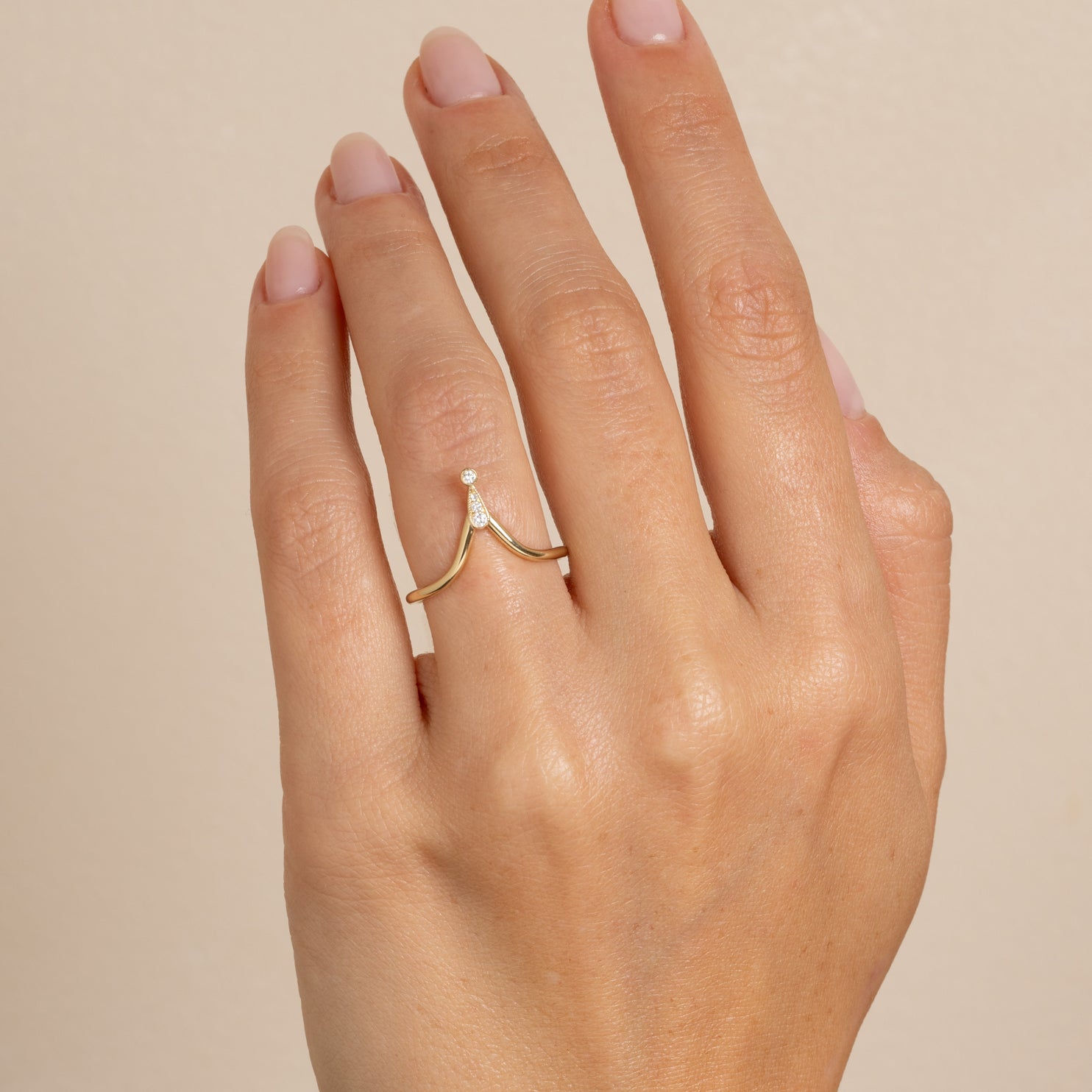 Alethea AL-R1 unique engagement ring in 14K yellow gold, understated teardrop setting with small diamonds
