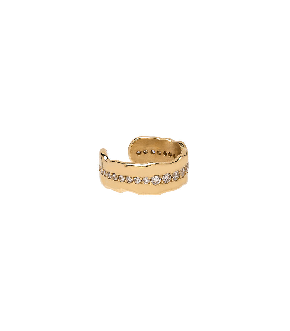 Mini Torn Paper Ear Cuff by P-EC1-Line, 14K yellow gold shiny ear cuff with small round stones.