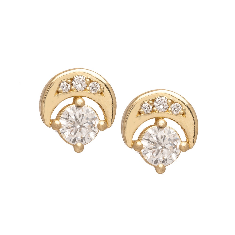 Boho Crescent Studs by SK-E5-D yellow gold crescent stud earrings with round stone and three accent diamonds, shiny.