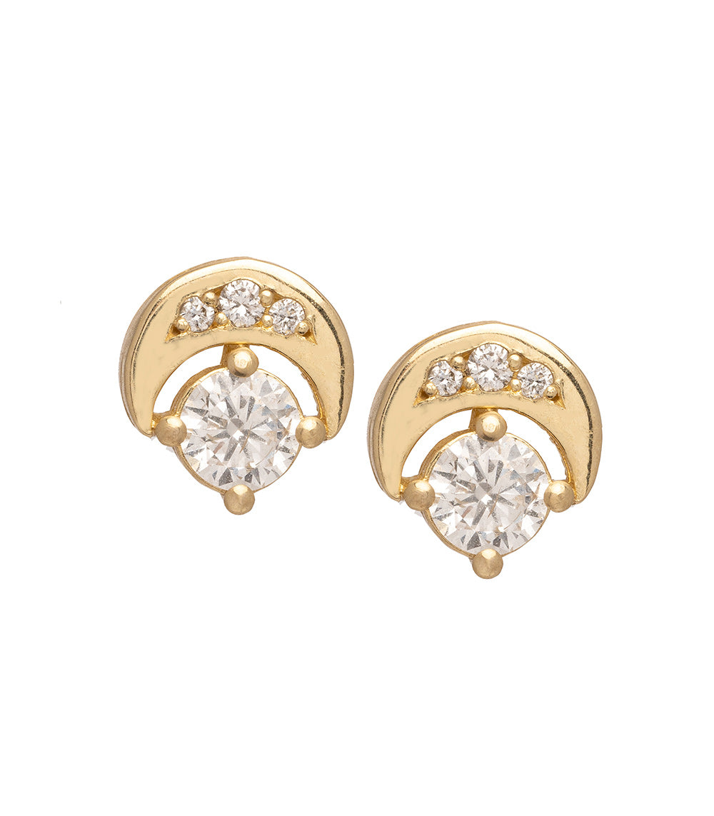 Boho Crescent Studs by SK-E5-D yellow gold crescent stud earrings with round stone and three accent diamonds, shiny.