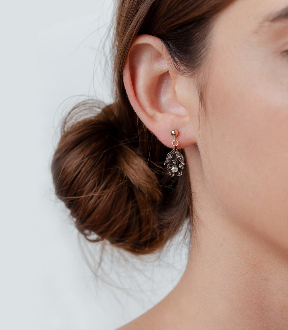 Victorian Diamond Floral Earrings by VC-E30 gold drop earrings with delicate floral filigree.
