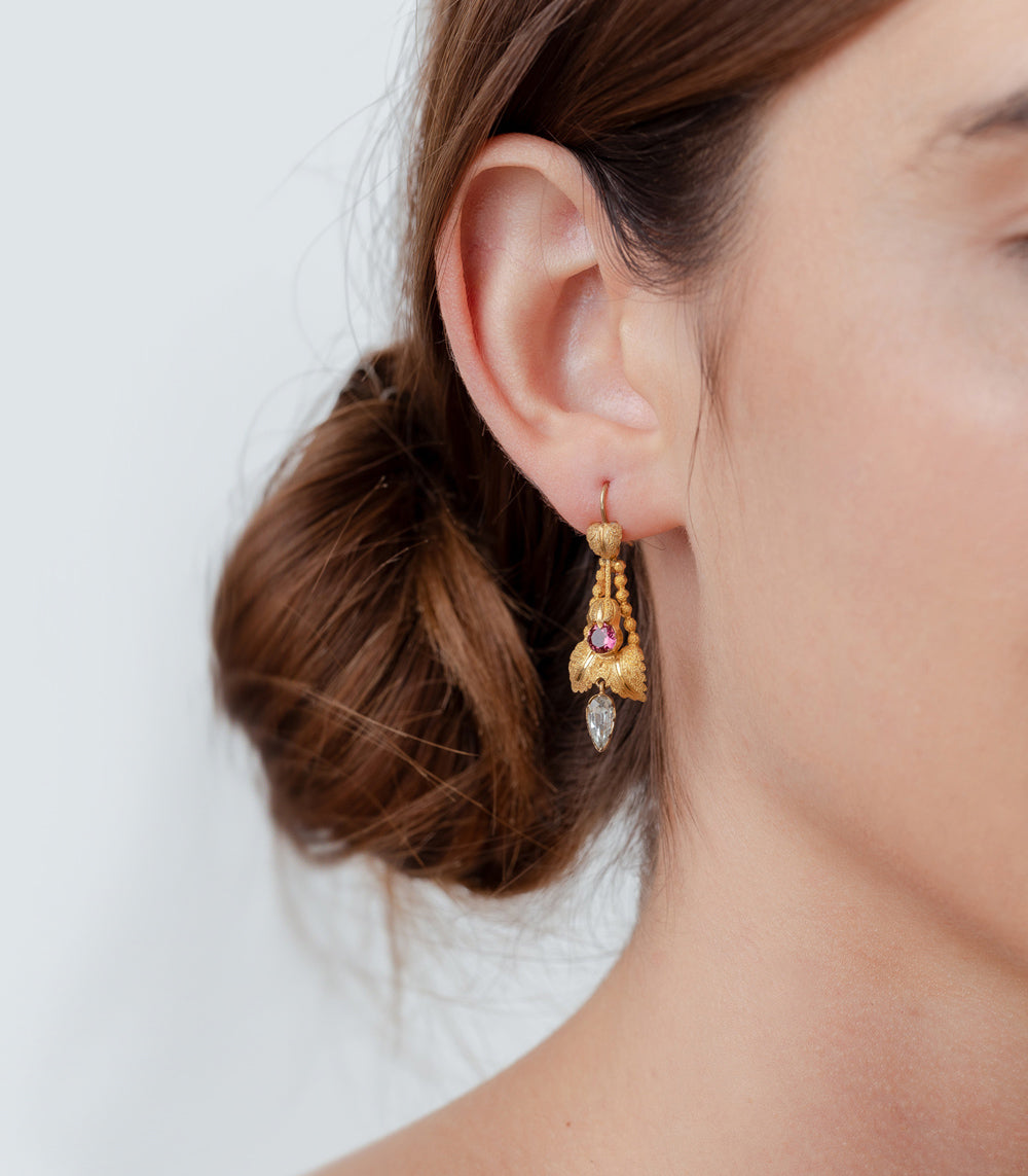 Victorian Garnet Aquamarine Dangling Earrings VC-E24 gold earrings with garnet and aquamarine drops