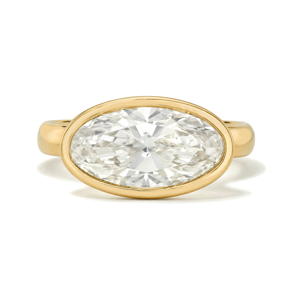 An oval brilliant cut diamond ring with a yellow gold bezel and band, set against a plain white background.