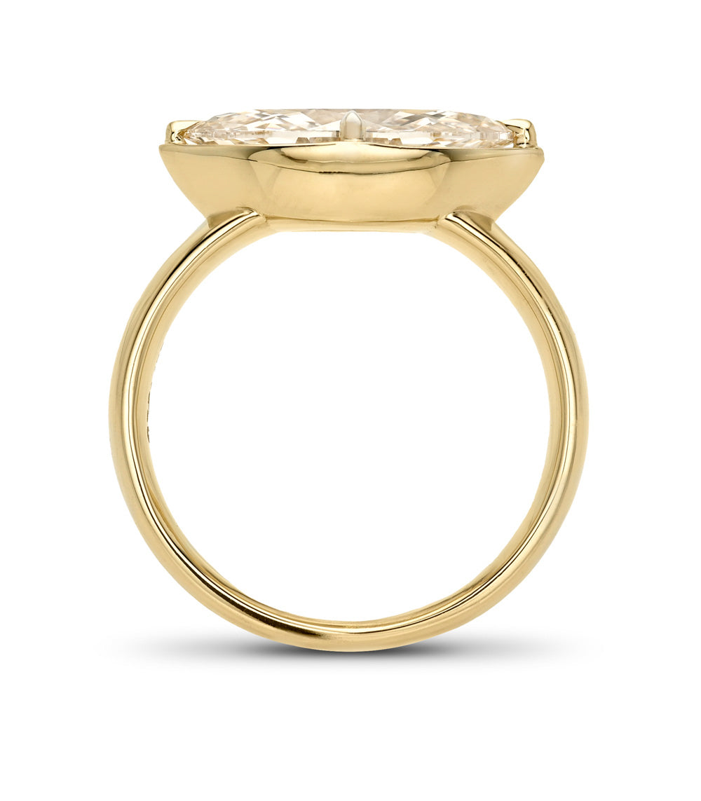 Chloe Sofia Kaman gold engagement ring with clear faceted diamond halo on a polished band