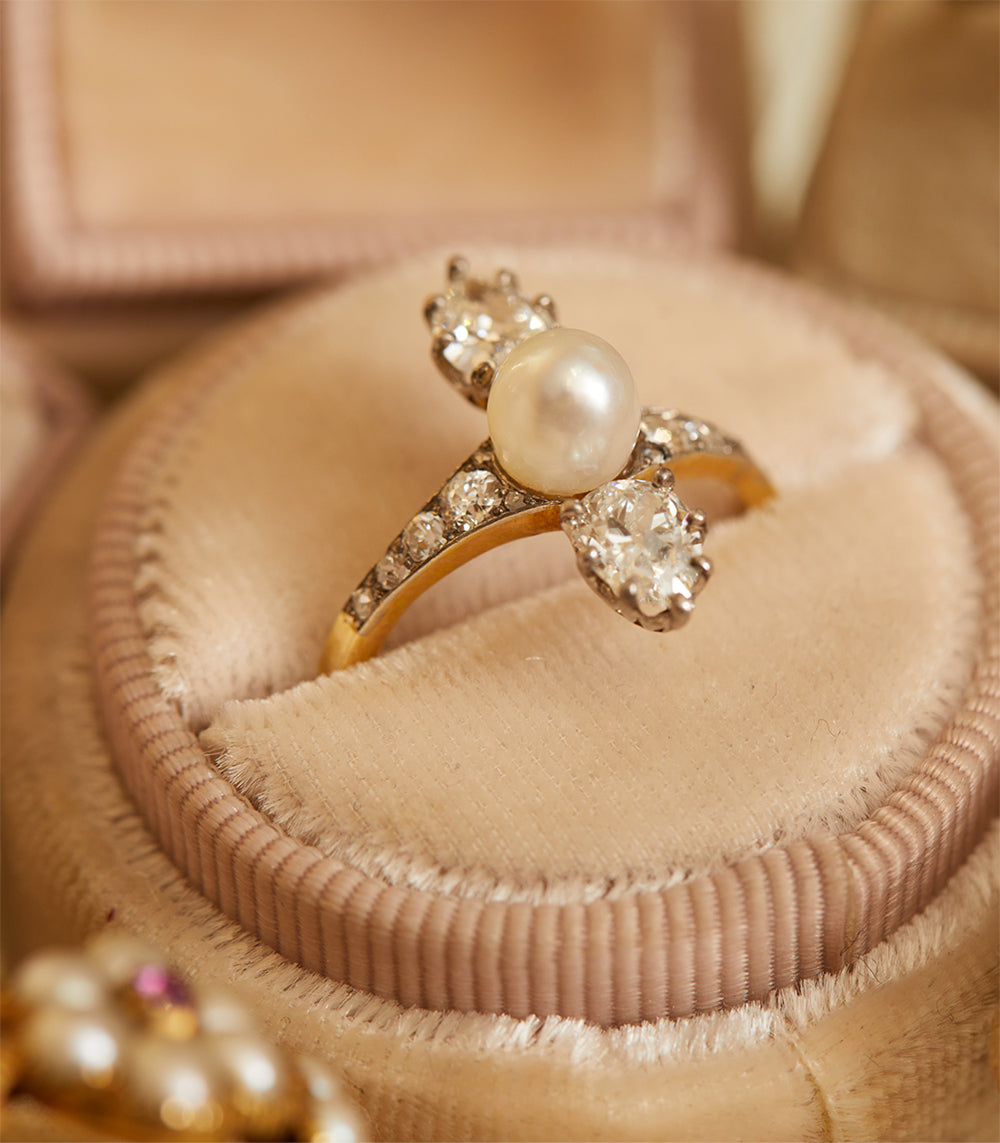 Belle of the Ball VC-R174 gold 3 stone engagement ring with round pearl and clear stone settings