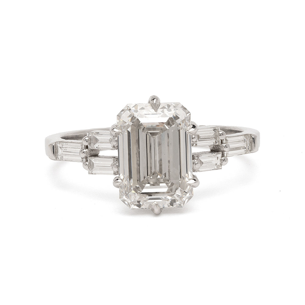 Eleanore by SK-R87-LGD-EC-2.80 silver engagement ring with emerald-cut center and baguette side stones