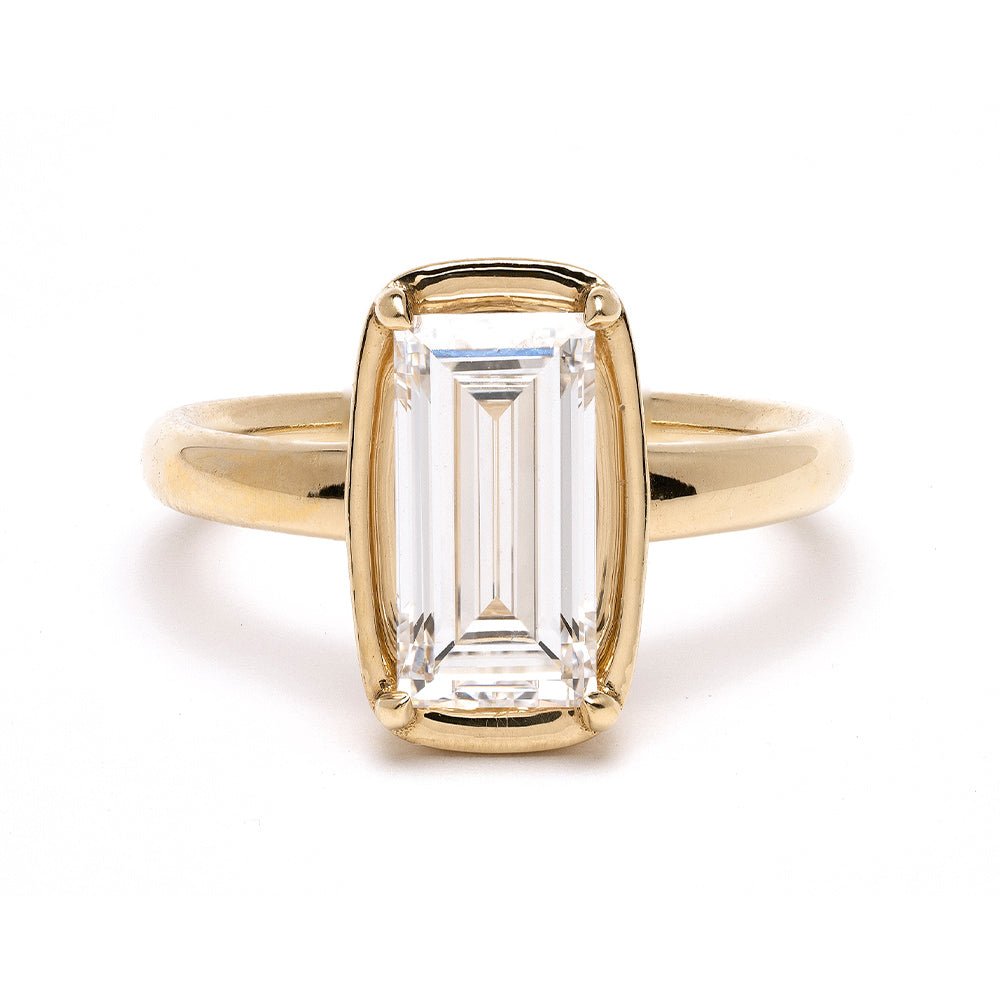Chloe SK-R45-LGD-BG-LG-2.26 gold solitaire ring with emerald-cut center stone and four prongs