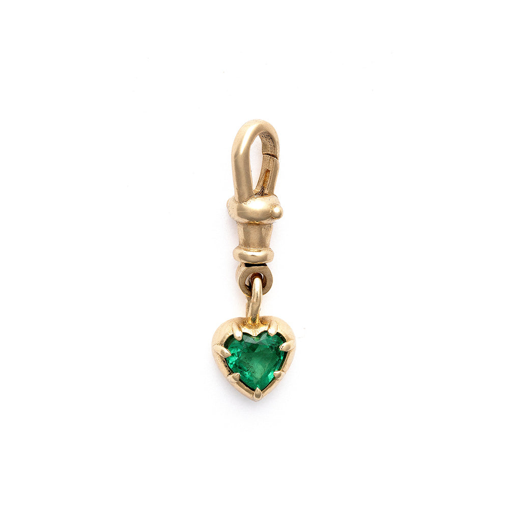Cora Swivel Pendant KM-P3 gold heart charm pendant with green stone drop, shown on white background