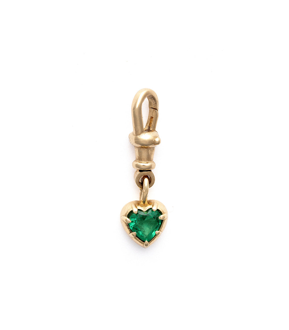 Cora Swivel Pendant KM-P3 gold heart charm pendant with green stone drop, shown on white background