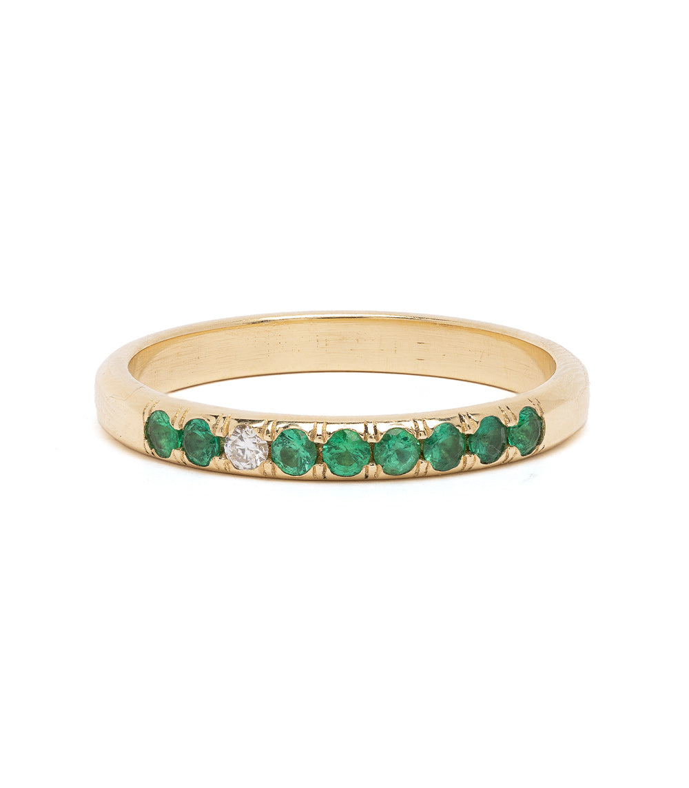 Vintage Inspired Stacking Band LF-R1-ES stacking band in 14K yellow gold with green gemstones and one diamond.